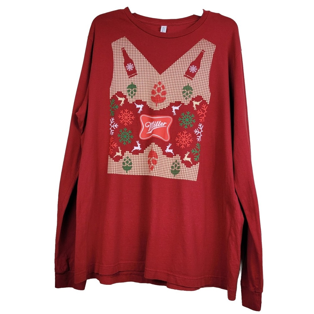 Miller Beer Novelty Holiday Tshirt Ugly Christmas Red Mens 2XL Long Sleeve Beer